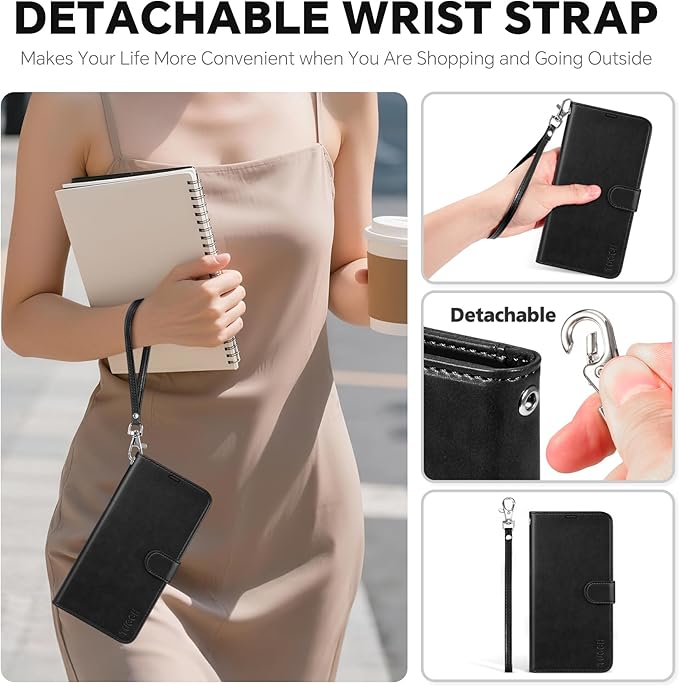 TUCCH 2-in-1 Detachable Wallet Case for iPhone Air (6.5") 2025, Wireless Charging | RFID Blocking 4 Card Holders | Wrist Strap | Kickstand | Magnetic | PU Leather | Protective Flip Cover | Black