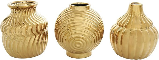 Deco 79 Ceramic Abstract Decorative Vase Small Textured Centerpiece Vases with Varying Shapes and Patterns, Set of 3 Flower Vases for Home Decoration 5" W, 6" H, Gold