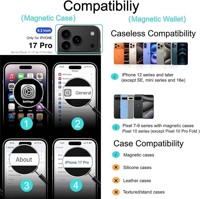 Ntwinro Magnetic for iPhone 17 Pro Clear Case (Compatible with MagSafe) with White Detachable Wallet & Card Holder for 3 Cards [RFID Blocking] Military Grade Protective Slim Phone Cover
