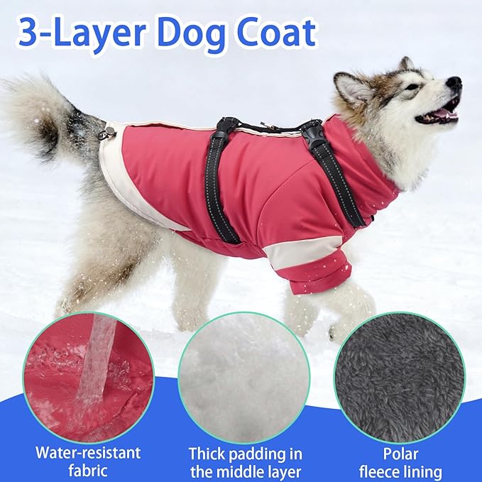 MIGOHI Waterproof Dog Coat with Harness Adjustable Dog Jacket Pet Winter Coat with Zipper,Christmas Small Fleece Jacket for Small Dogs,Extra Long Sleeves Warm Winter Snowsuit for Dogs,M,Pink
