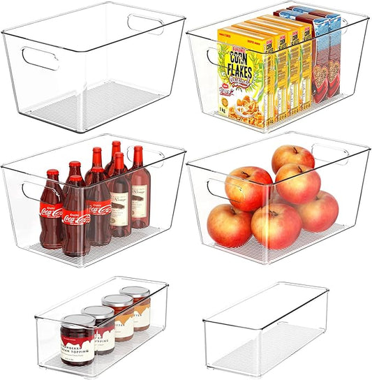 Joymeezo Set of 6 Clear Plastic Storage Bins, 4 Large +2 Small Pantry Organizers and Storage Containers for Kitchen Organization, Home Storage Must Haves for Office, Closet, Garage, Freezer& Bathroom