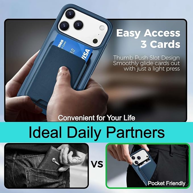 Ntwinro Magnetic for iPhone 17 Pro Case (Compatible with MagSafe) with Detachable Wallet & Card Holder for 3 Cards [RFID Blocking] Military Grade Protective Slim Phone Cover, Deep Blue