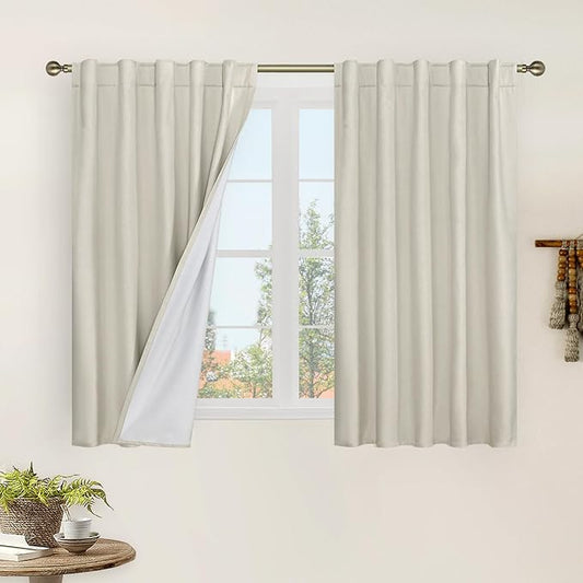 LAMIT Natural 100% Blackout Linen Curtains, 54 Inches Linen Textured Thermal Bedroom Curtains Back Tab and Rod Pocket Neutral Panels with White Liner for Farmhouse, 2 Panels, 42 x 54 Inch, Stone