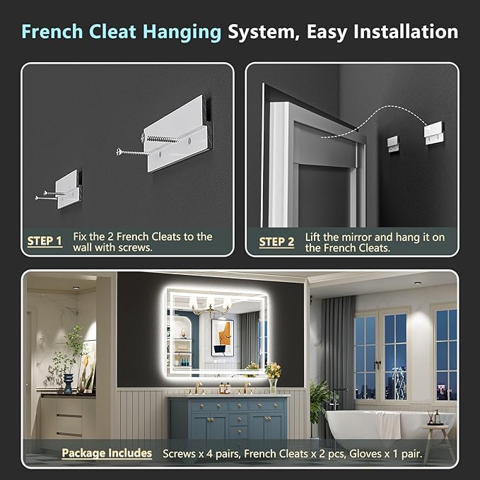 55x30 LED Bathroom Mirror with Lights, Backlit + Front Lit, Anti-Fog Lighted Vanity Mirror for Bathroom Wall with 3 Colors, Stepless Dimmable, Memory, Shatter-Proof, Tempered Glass, ETL Listed