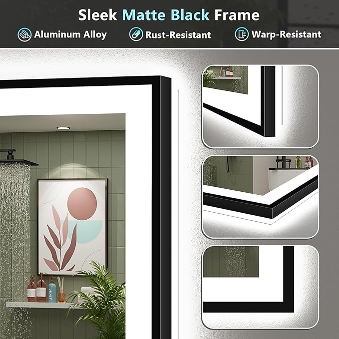 48x32 Black Framed LED Bathroom Mirror with Lights, Backlit and Front Lit Anti-Fog Lighted Vanity Mirror for Bathroom Wall, 3 Colors, Dimmable, Memory, Shatter-Proof, HD Tempered Glass