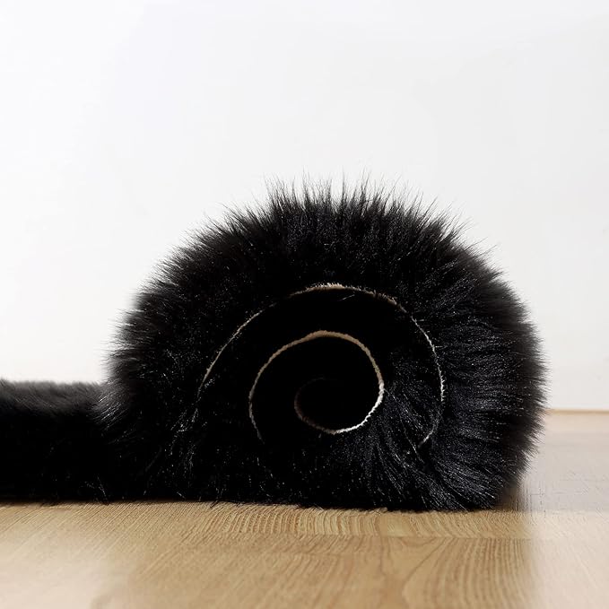 Faux Fur Rug Runner 2x6 ft Black - Machine Washable Super Soft Plush Shaggy Fluffy Area Carpet,Sheepskin Rug Fuzzy Floor Mat for Bedroom, Sofa,Living Room, Bedside, Nursery & Kids Room