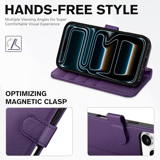 TUCCH Case Wallet for iPhone 17 Pro (6.3") 2025, Stand | RFID Blocking | 4 Card Holder | TPU Shockproof Inner Shell | PU Leather | Magnetic Closure Folio Protective Cover | Deep Purple