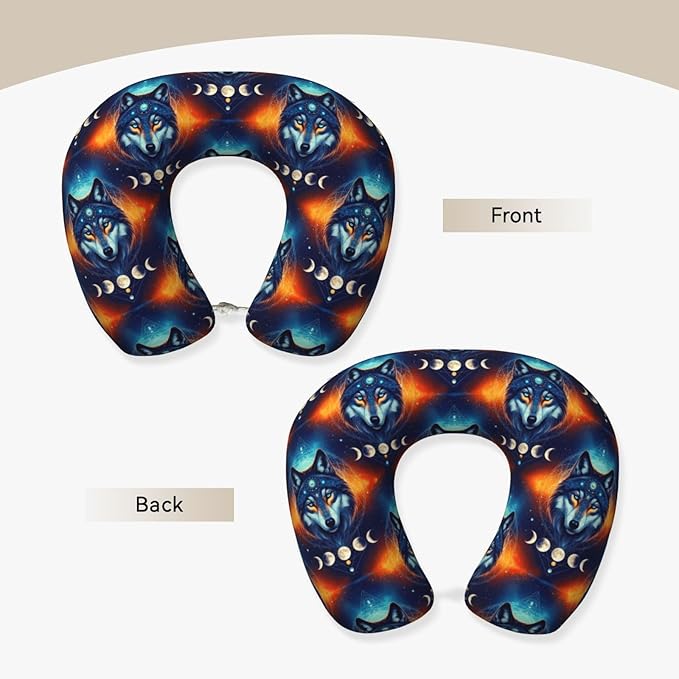 Unique Travel U Shaped Pillows Galaxy Wolf Night Sky Space Moon for Airplanes Car Flight, Comfortable Chin Head Neck Cushion Supporting, Polyester Removable Cover