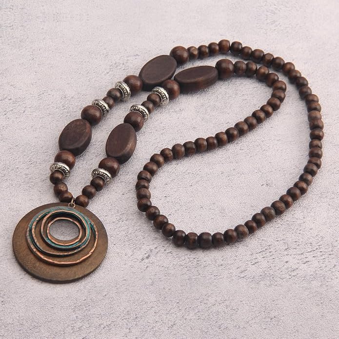 Leather Necklace for Women Boho Choker Necklace Long Cord Leather Pendant Bohemian Neckalce Vintage Alloy Pendant Leather Rope Necklace Wooden Necklaces for Women