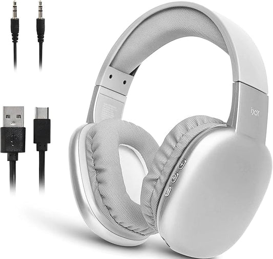 iJoy Ultra Wireless Over-Ear Bluetooth Headphones with Mic, Up to 10 Hours Playtime, Bluetooth Headset 33Ft Range with Backup AUX Cable & SD Slot, Wireless Headphones for Gaming, Work & Gym (Silver)