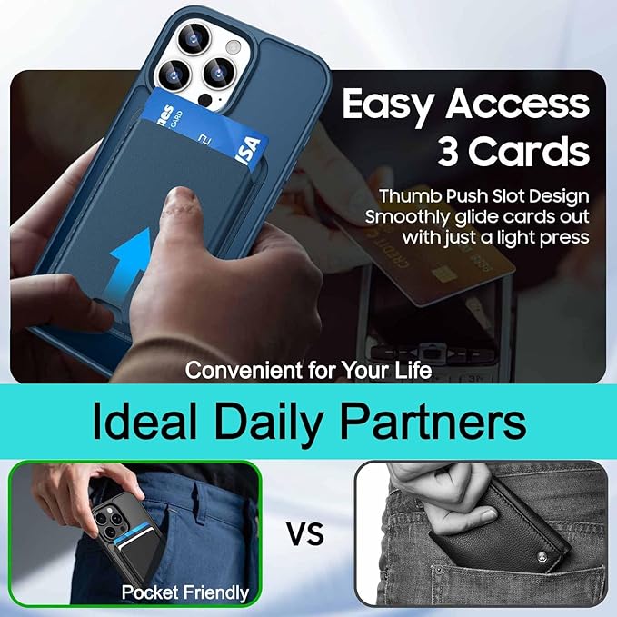 Ntwinro Magnetic for iPhone 16 Pro Case (Compatible with MagSafe) with Detachable Wallet & Card Holder for 3 Cards [RFID Blocking] Military Grade Protective Slim Phone Cover, Deep Blue
