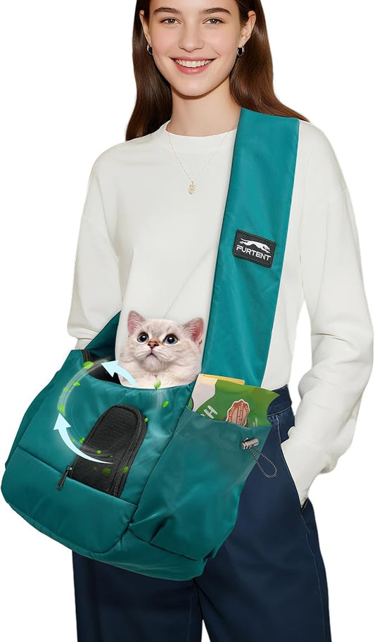 Cat Sling, Hands-Free Cat Carrier Pouch up to 7 lb, Cat Sling with Safety Strap and Pockets, Ideal for Travel and Daily Use, Peacock Blue