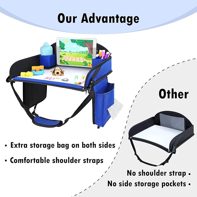 WENRENER Kids Travel Tray for Airplane - Toddler Car Seat Table Tray, Road Trip Essentials for Boys & Girls, Carseat Lap Desk for Kids Road Trip Activities(Navy Blue)