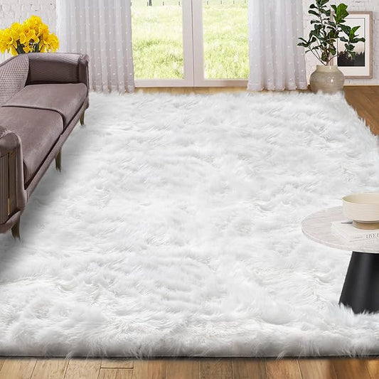 White Shag Rugs for Living Room 9x12 Area Rugs for Bedroom Large Washable Furry Faux Sheepskin Fluffy Fur Rug for Nursery Rectangle Rug