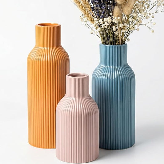 Ceramic Vases Set of 3, Modern Ribbed Vases with Glossy Finish, Decorative Flower Vases in 5.9", 7.8", 9.8" for Home Decor, Living Room, Bedroom, Table Centerpiece (Pink, Blue, Orange)