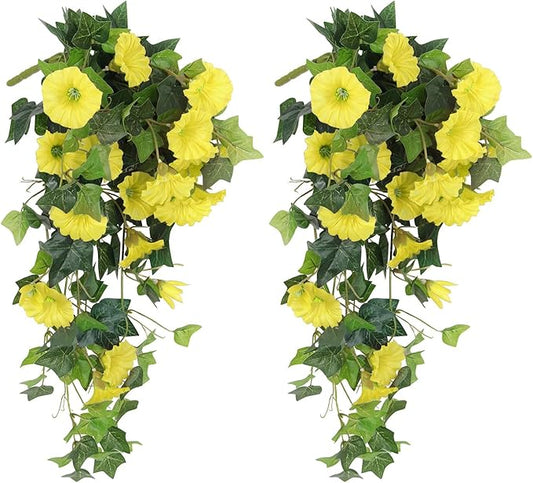 RECUTMS Artificial Fake Hanging Flowers Plants for Outdoor Spring Decor, 2 Pcs UV Resistant Faux Petunias Trailing Plants Realistic Flower Look Real for Door Wall Yard Porch Garden Planter (Yellow)