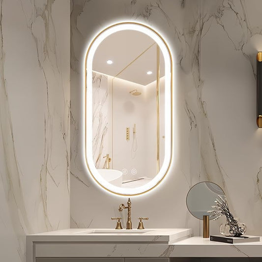 Niccy Oval LED Mirror for Bathroom, 48x24 Front Lit + Backlit Vanity Mirror with Light Anti-Fog, Shatter-Proof, 3 Colors, Makeup Mirrors with Gold Frame (Horizontal/Vertical)