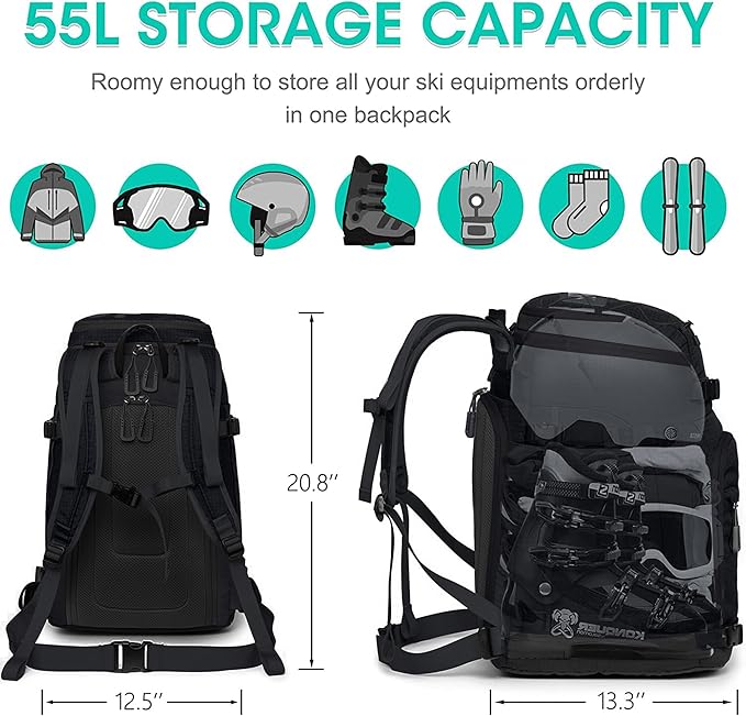 Ski Boot Bag, 55L/70L Waterproof Ski and Snowboard Boots Travel Backpack for Skis, Snowboard, Ski Helmet, Goggles, Gloves & Accessories