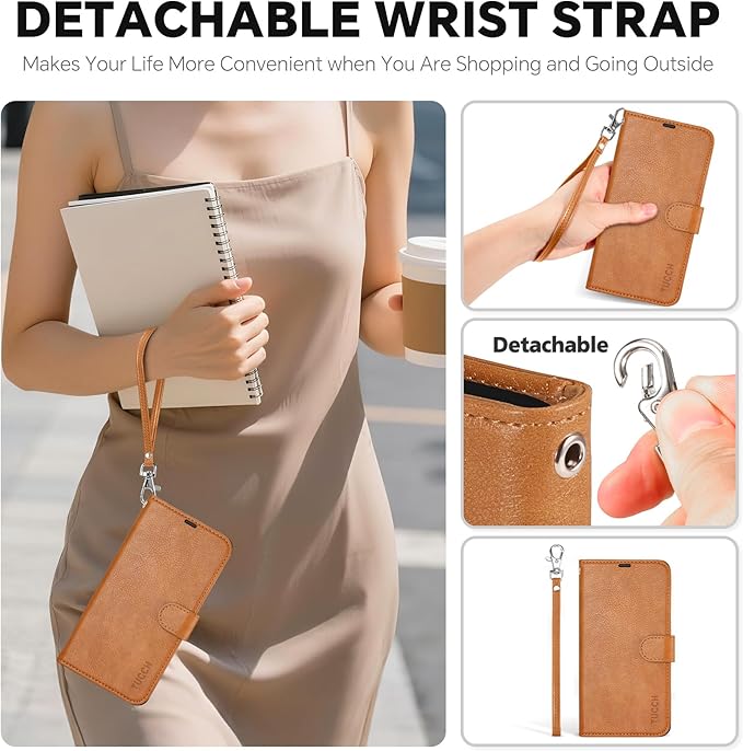 TUCCH Detachable Case Wallet for iPhone 17 Pro (6.3") 2025, Wrist Strap | 4 Card Slots RFID Blocking | Wireless Charging | Stand | 2-in-1 Magnetic | PU Leather | Shockproof Folio Cover | Light Brown