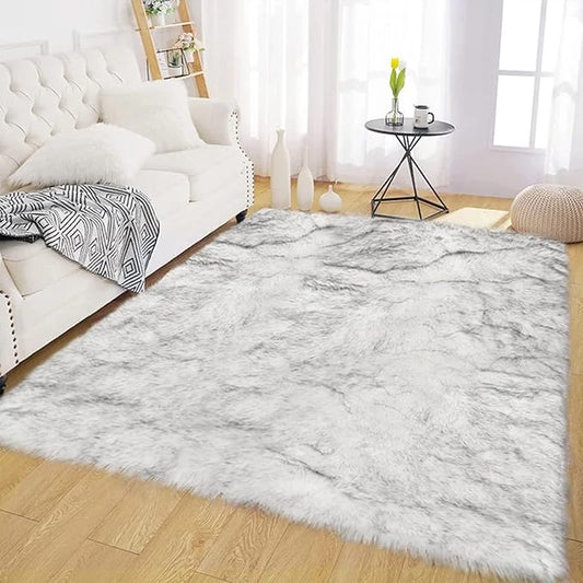 Latepis Area 5x7 Shag Rug White with Grey Tips Washable Fur Rugs Faux Sheepskin Fluffy Rug for Living Room Bedroom Plush Rugs Home Decor Rectangle