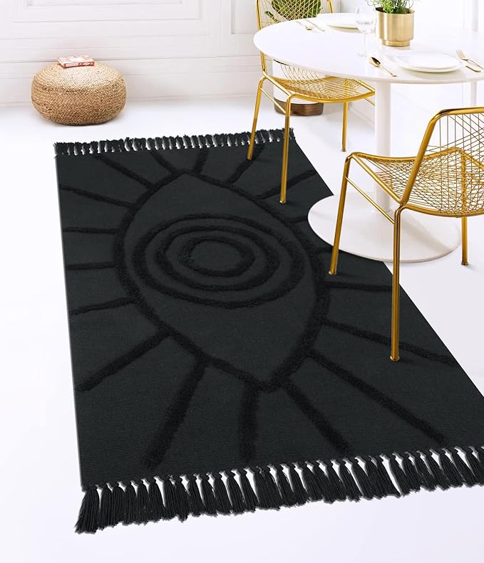 Uphome Boho Area Rug 4'x6' Washable Evil Eye Tufted Living Room Rug with Tassels Soft Cotton Woven Nursery Rug Farmhouse Aesthetic Dark Gray Indoor Carpet for Home Kitchen Dining Room Bedroom