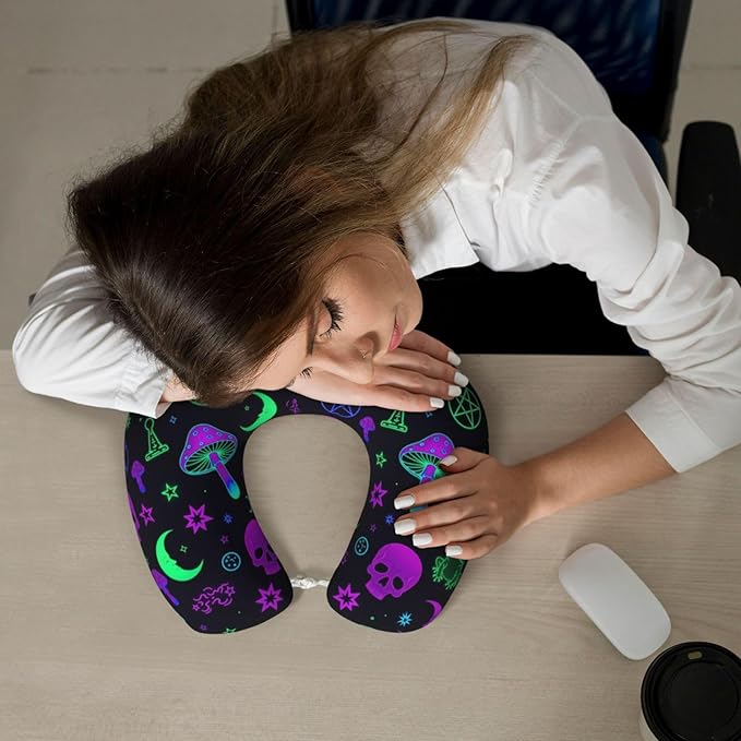 Funny Neck Pillow Support for Car Flight Rest Witch Frogs Goth Moon Skull Mushroom, Memory Foam U Shaped Decor Head Cushion for Home Outdoors Travel