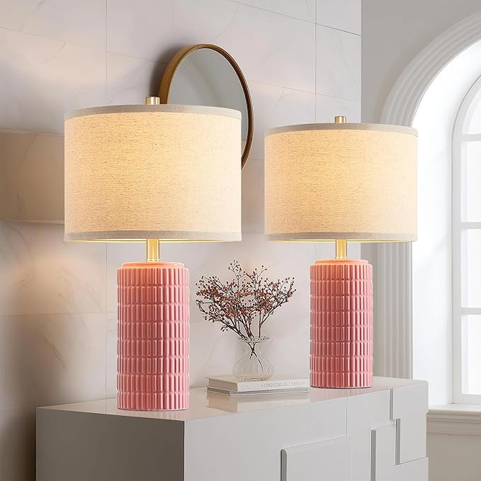 23" Set of 2 Pink Ceramic Table Lamp for Living Room Bedroom, Modern Farmhouse Nightstand Desk Lamps for Dining Room Dresser End Table Entryway, 2 LED Bulbs Included
