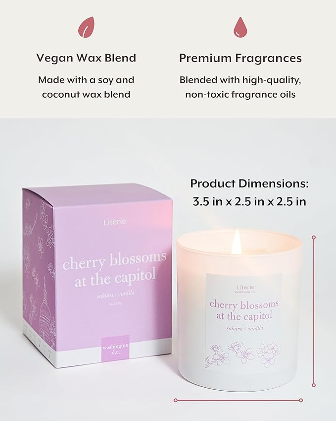 Literie DC Inspired Scented Candle: Cherry Blossoms at The Capitol - Sakura & Vanilla Scent, 9oz, 50 Hour Burn, Vegan Soy & Coconut Blend Candle for Home Decor, Gift for Women & Men