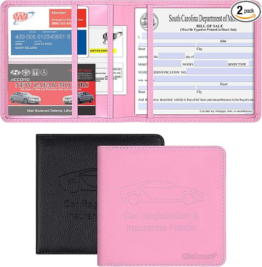 Wisdompro Car Registration and Insurance Holder 2 Pack PU Leather Vehicle Glove Box Documents Organizer Auto Accessories Wallet Paperwork Case for Women ID Card, Driver's License - Pink and Black