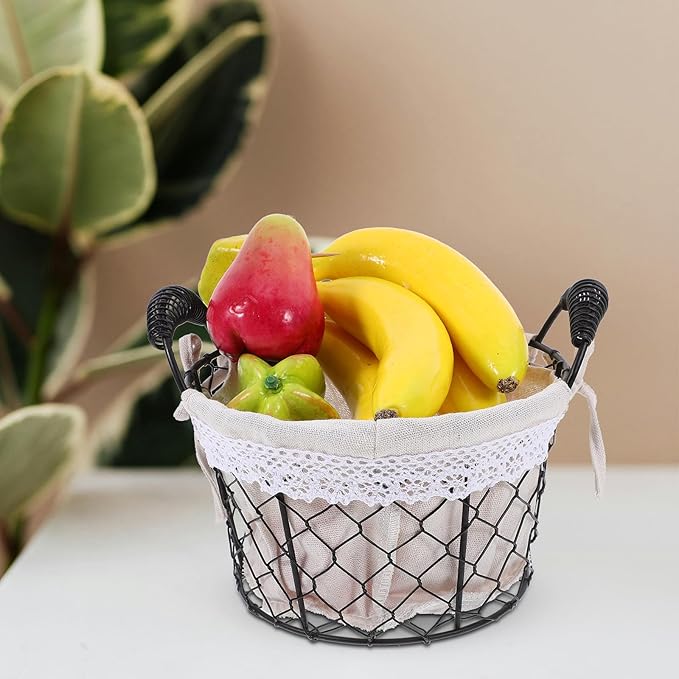 Housoutil Wire Basket with Fabric Liner and Handle, Rustic Metal Storage Basket for Bread, Candy, and Fruit, Multi-use Organizer for Kitchen and Table Decor