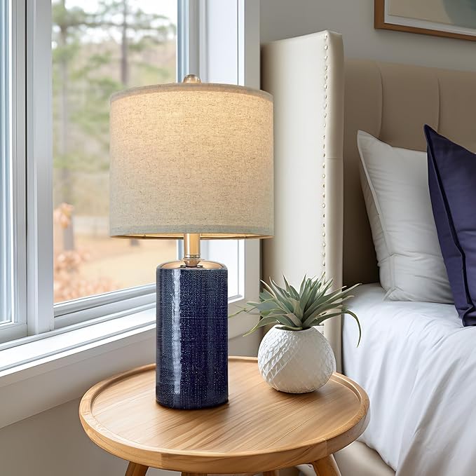 20.25" Small Table Lamps Set of 2 Modern Ceramic Lamps for Living Room Farmhouse Bedside Lamps Boho for Night Stands Bedroom Lamps Side Table Lamps End Table Lamps, Blue