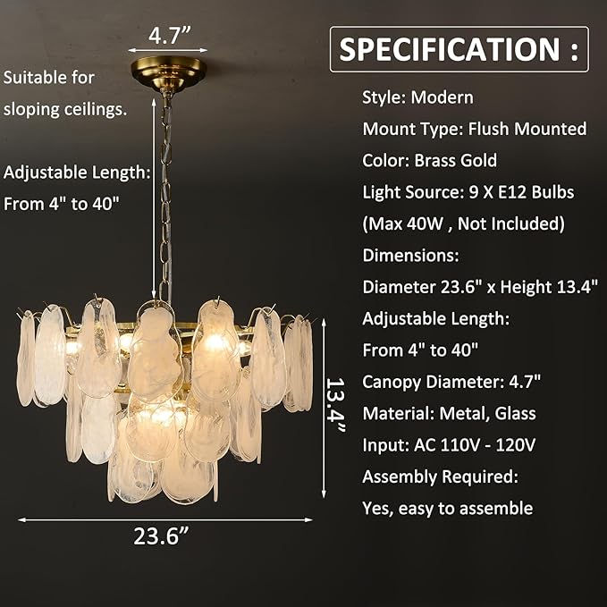 Gold Modern Chandelier 23in 9-Light Cloud Glass Pendant Light Mid Century Chandelier with White Shell Crystal Chandeliers for Bedroom Dining Room Living Room Kitchen Island Foyer