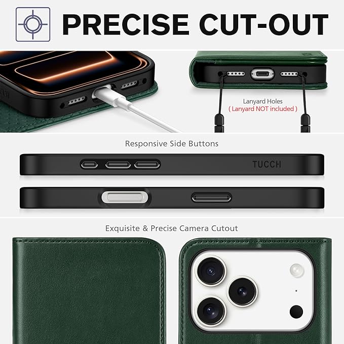 TUCCH Wallet Case for iPhone 17 Pro (6.3") 2025, 3 Credit Card Holders, RFID Blocking, Stand, PU Leather, Shockproof TPU Interior Shell, Protective Flip Folio Cover, Midnight Green
