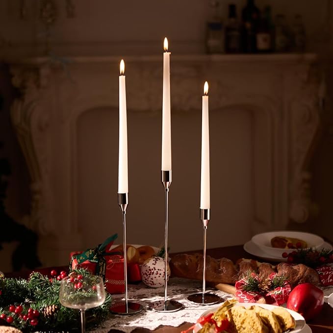 Solid Taper Candle Holders Set of 3, Luxury Silver Long Skinny Candlestick (Heights: 9/11/13 Inch), Heavy Iron Anti-Slip Base for Fireplace Mantle Table Centerpiece Dining Decor