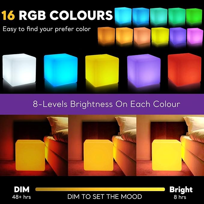 16-inch LED Cube Light, Rechargeable Cube Light Table w/Remote, 16 Colors Dimmable Glow Lamp Chair, Waterproof Glowing LED Furniture Side Seat Mood Lighting for Home Party Patio Decor