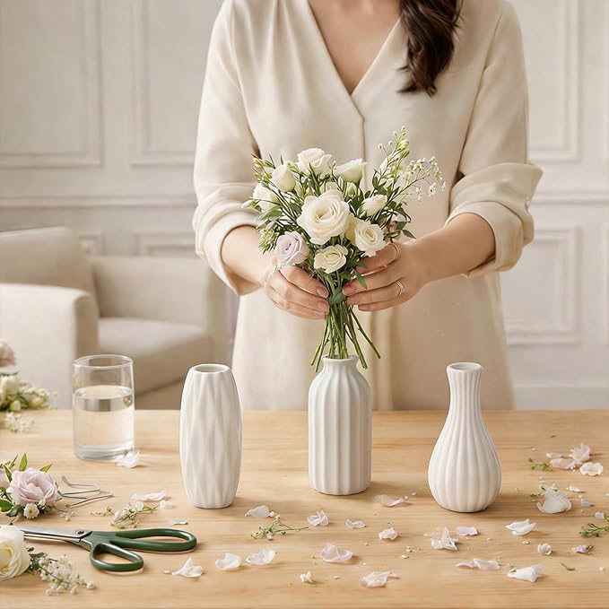 BEAHOT Ceramic Bud Vases Set of 16 - Matte White Mini Ceramic Bud Vases Collection: Non-Repeating Modern Boho Centerpiece - Small Unglazed Jars for for Weddings, Home, Shelf Decor