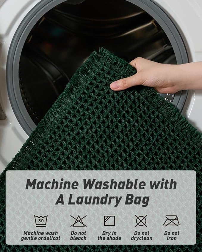 AMOAMI Upgraded Waffle Bath Mat, Super Absorbent Non Slip Bath Mats for Bathroom Floor, Machine Washable Bathroom Rugs with Tassels, Rubber Backed Bathroom Mats, Ultra Soft, 17" x 24", Dark Green