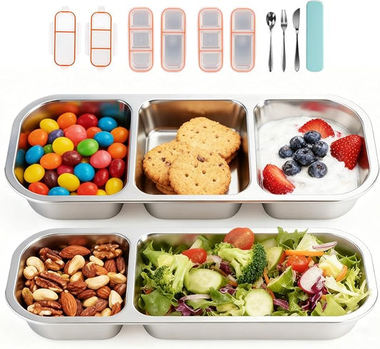 Lewrwet 4 Pack Stainless Steel Snack Containers with Lids, Leak-Resistant Lunch Boxes Set with Cutlery – 2 x 2-Compartment & 2 x 3-Compartment, Reusable for Snacks, Lunch, Picnic & Hiking