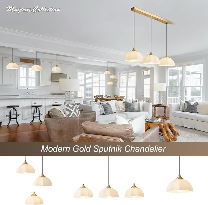 Mid Century Modern Pendant Light Kitchen Island Minimalist Gold Adjustable Ceiling Hanging Light Fixtures White Single Opal Glass Nordic Retro Dome Pendant Light for Dining Room MPL17-1 GD