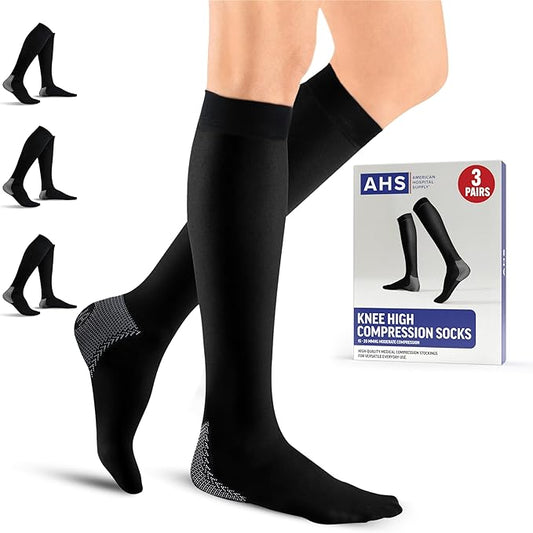 American Hospital Supply Knee High Compression Socks | 15 - 20 mmHg Black Large Lighweight Compression Stockings | Pack of 3 Pairs Therapuetic Support Socks