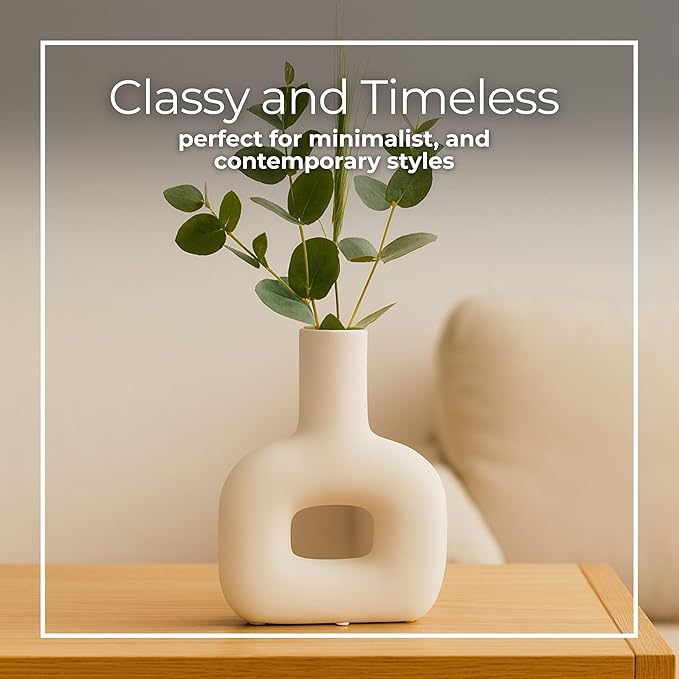 Sagebrook Home Modern Stoneware Vase - Decorative Dolomite Flower Holder - Minimalist Home & Office Accent - Stylish Tabletop Centerpiece for Living Room, Bedroom & Desk Decor - 8" White