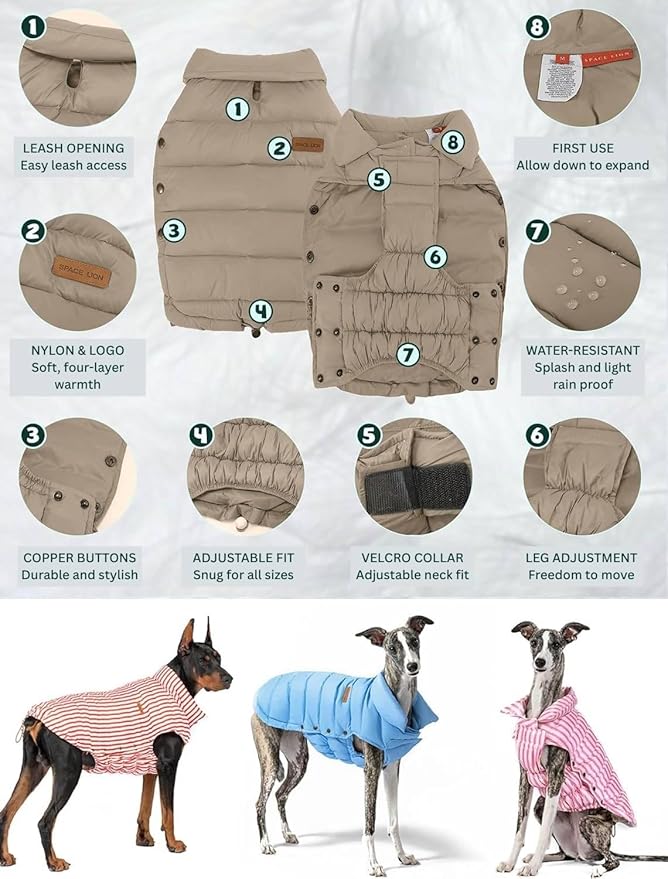 SPACE LION Dog Puffer Jacket, Down Winter Coat, Durable Outdoor Coat for Cold and Windy Conditions, Lightweight & Adjustable Fit Coats for Small Dogs, (Camel, Size 8 Gift Box)
