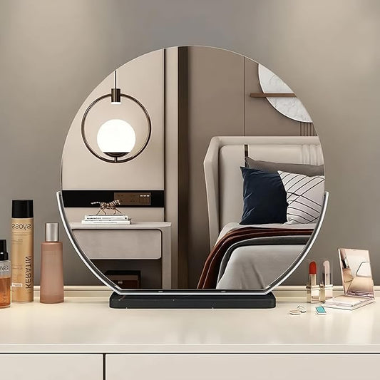 Vanity Mirror with Lights, Half Round LED Makeup Mirror with 3 Color Dimmable Touch Screen, 360° Rotating Metal Frame, Marble Base, HD Lighted Mirror for Bedroom & Dressing Table