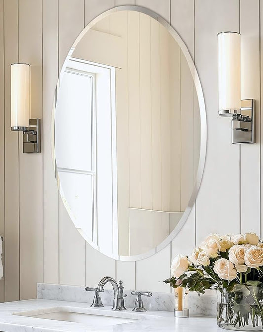Frameless Oval Wall Mirror: Decorative Elliptical Mirrored Glass Vanity with Beveled Silver Edge for Bathroom Bedroom Livingroom Dining Room Entryway Hallway, 32 x 24 inch