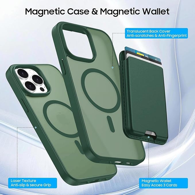 Ntwinro Magnetic for iPhone 15 Pro Case (Compatible with MagSafe) with Detachable Wallet & Card Holder for 3 Cards [RFID Blocking] Military Grade Protective Slim Phone Cover, Green