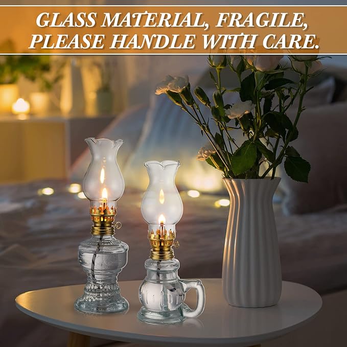 Yexiya 12 Set Vintage Glass Kerosene Lamp Rustic Oil Lamp Lantern Chamber Oil Clear Kerosene Hurricane with 6.6 ft Extra Wick for Indoor Use Lighting Decor Emergency (Retro Style)