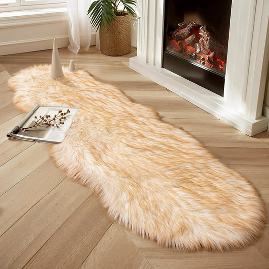 Ciicool Ultra Soft Faux Sheepskin Fur Rug Fluffy Rug for Bedroom Fuzzy Carpet for Living Room Kid's Room Nursery Decor,White Gradient Brown 2 x 6 Feet