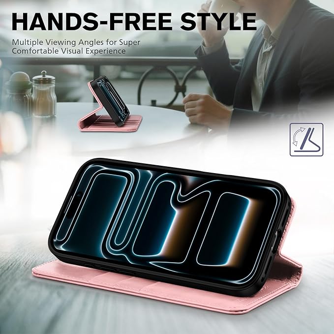 TUCCH Case Wallet for iPhone 17 Pro Max (6.9") 2025, RFID Blocking 3 Card Holders | Kickstand | PU Leather | Protective Flip Folio Cover | TPU Shockproof Interior Shell | Pink