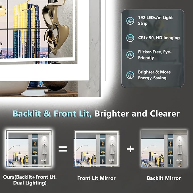 40x32 LED Bathroom Mirror with Lights, Backlit and Front Lit, Anti-Fog Lighted Vanity Mirrors for Bathroom Wall, Dimmable, 3-Color Light, Memory, Shatter-Proof, HD Tempered Glass, CRI＞90
