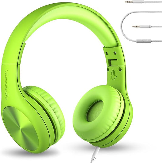 LilGadgets Connect+ Pro Wired Kids Headphones for School with Microphone, Volume Limiting Over-Ear Headset with Cord, SharePort Technology & SoftTouch Padding, Green
